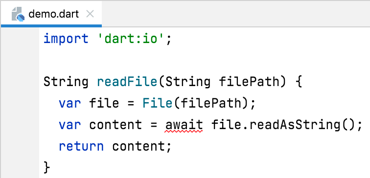 An IDE showing the code 'await file.readAsString();' with a red squiggly line under 'await' and an error about using await in a non-async function.