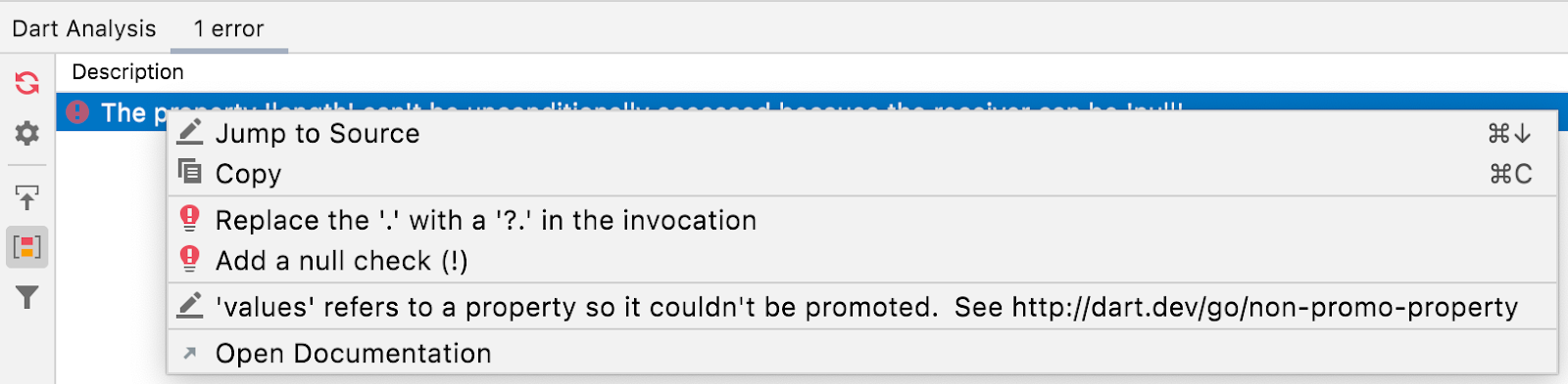 Dart Analysis context menu in IntelliJ IDEA offering quick fixes for the nullable values.length diagnostic.