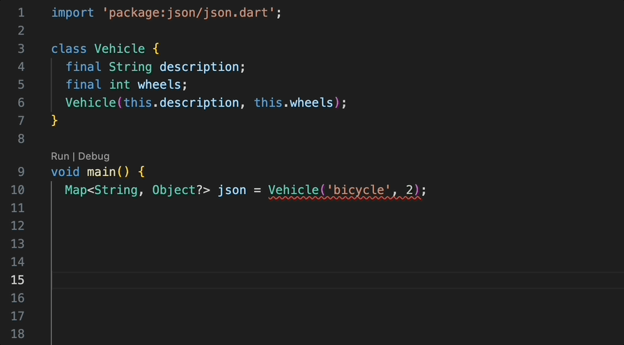 Using the JsonCodable macro in Dart to auto-generate code completion for a toJson method.