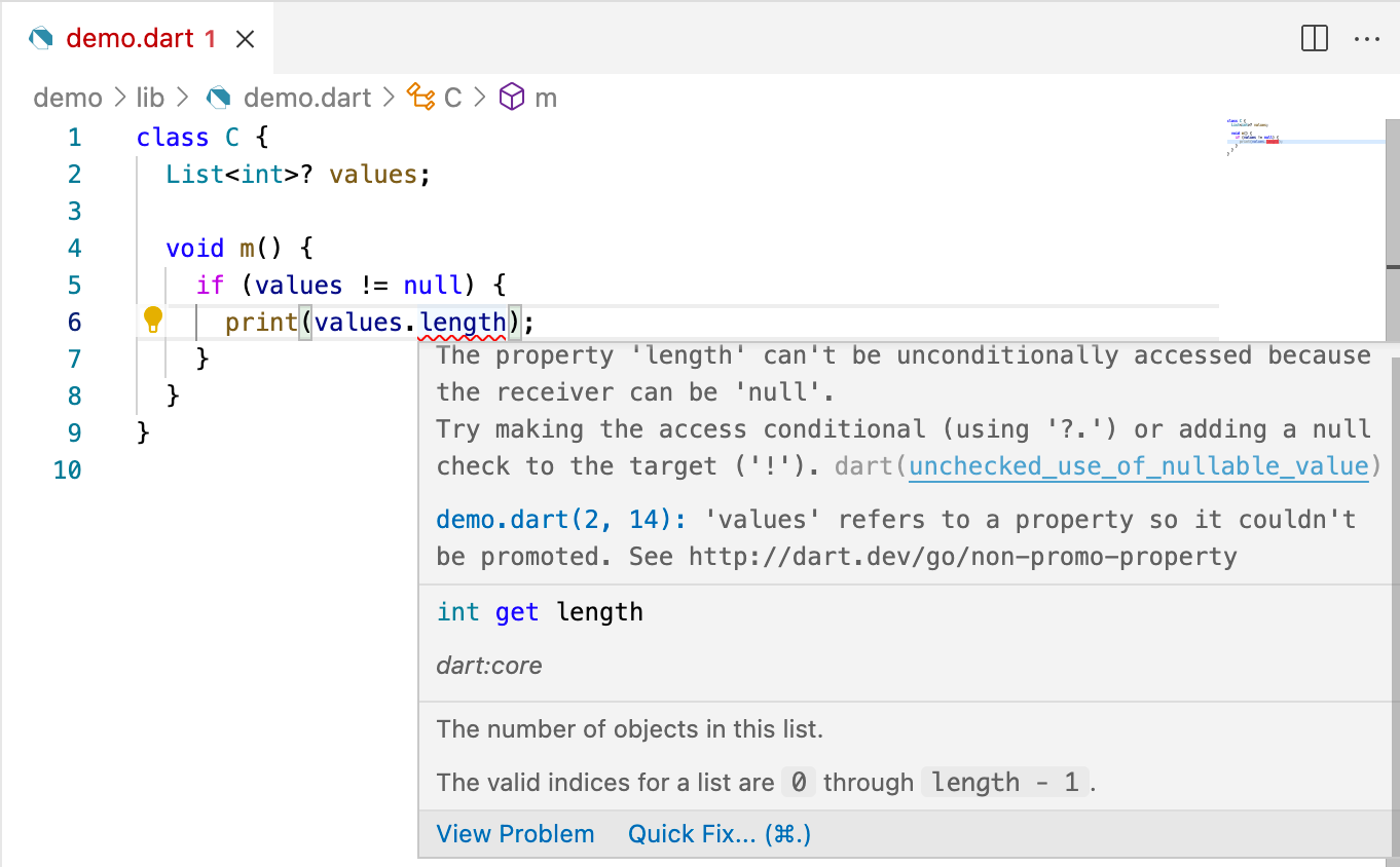 An IDE showing the Problems panel in Visual Studio Code with a quick fix menu open offering to replace '.' with '?.'.
