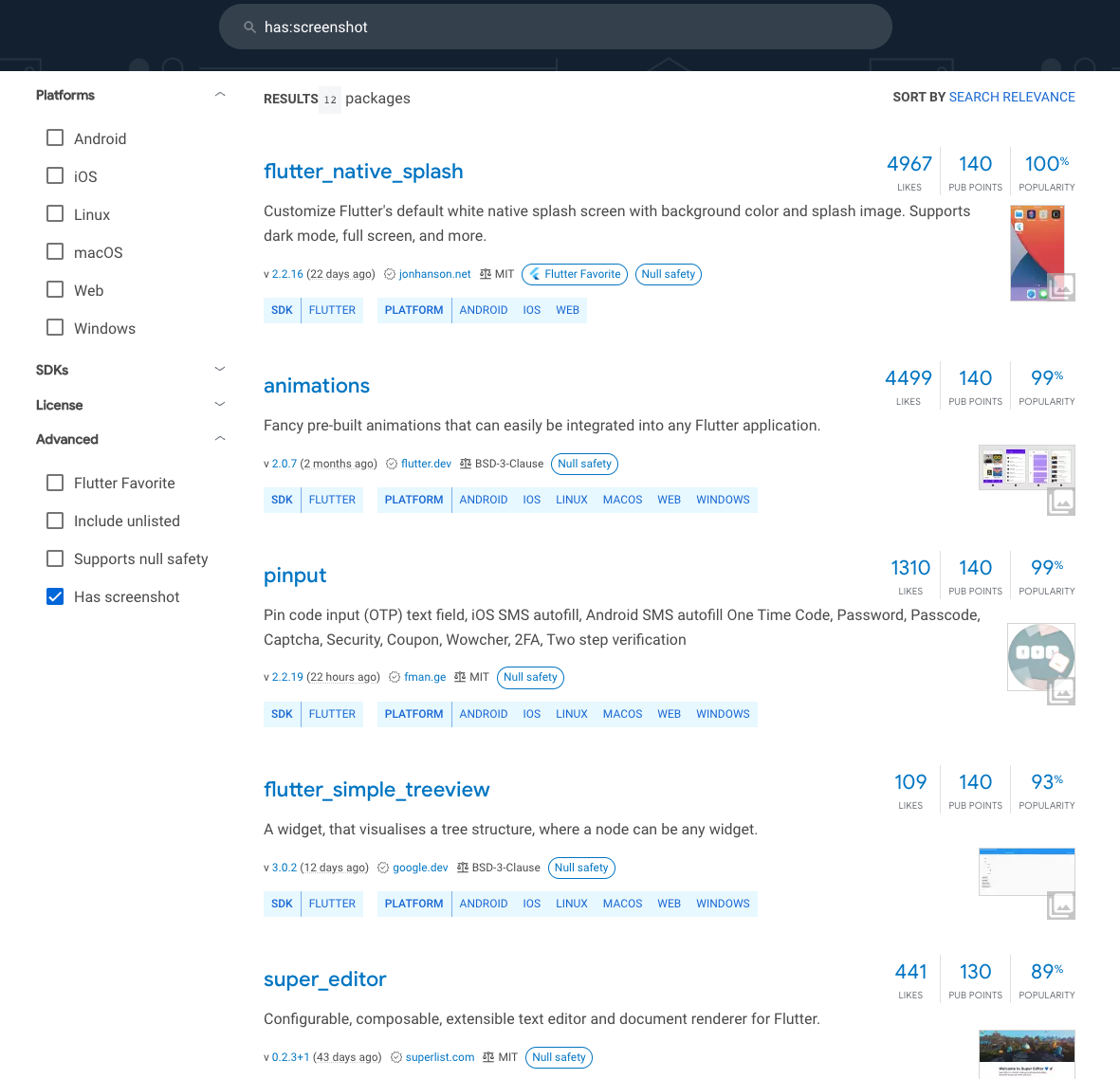 Pub.dev search results filtered by has:screenshot, showing package screenshot thumbnails beside results.