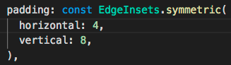 Code showing EdgeInsets.symmetric with integer values accepted for horizontal and vertical padding.