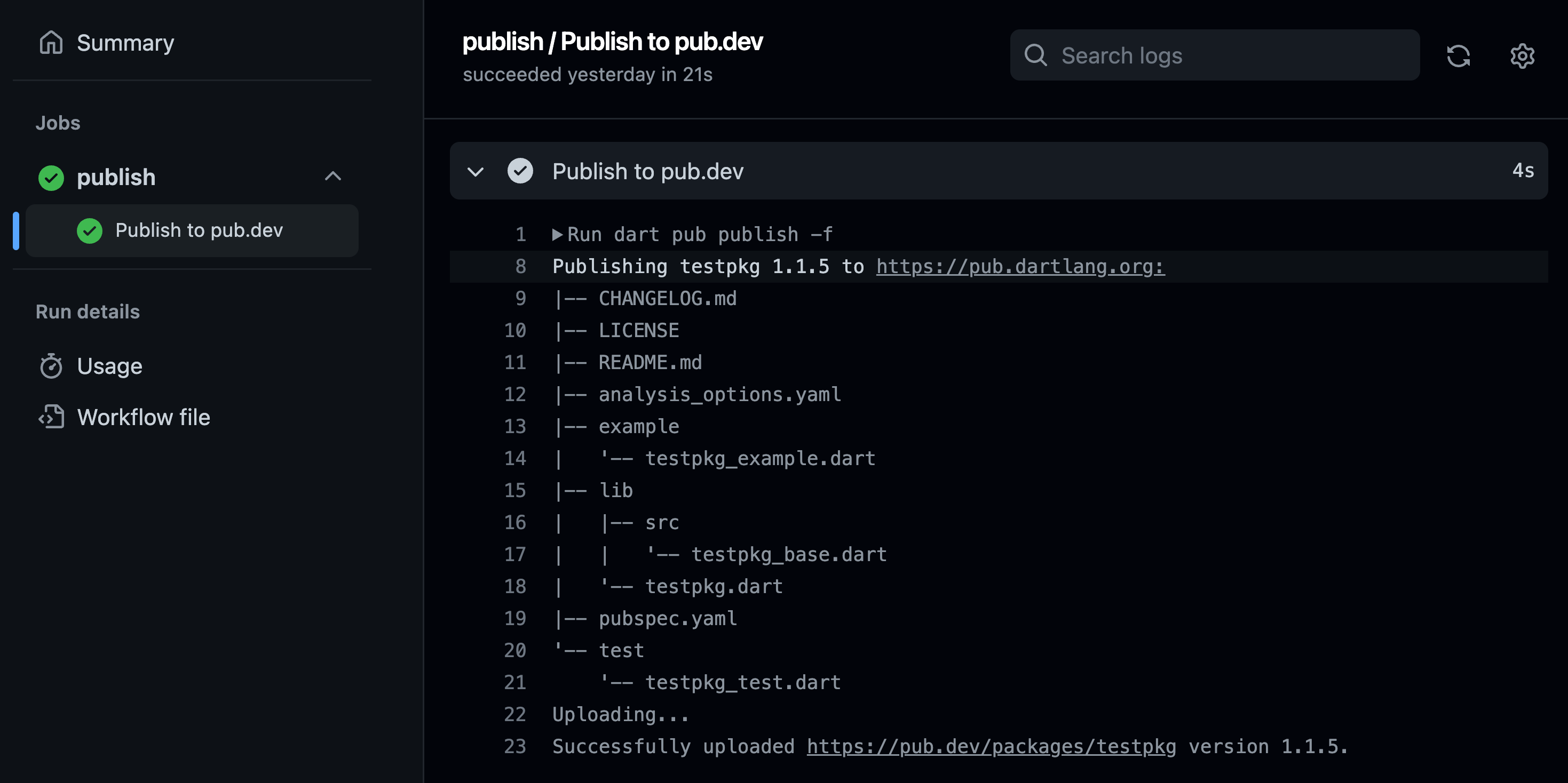 GitHub Actions run for Publish to pub.dev showing a successful dart pub publish command for testpkg 1.1.5.