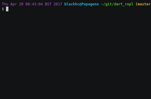 An animated terminal demonstrating the Dart REPL with top-level declarations.